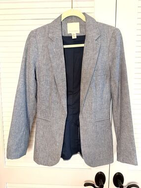 Mercer & Madison Blue White Linen Blend Blazer Womens XS Tailored Jacket